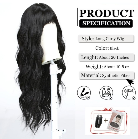 Long Curly Black wig Wigs with Bangs - Picture 2 of 6